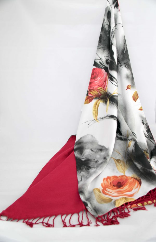 Roses on Silk and Red Cashmere Scarf/Shawl