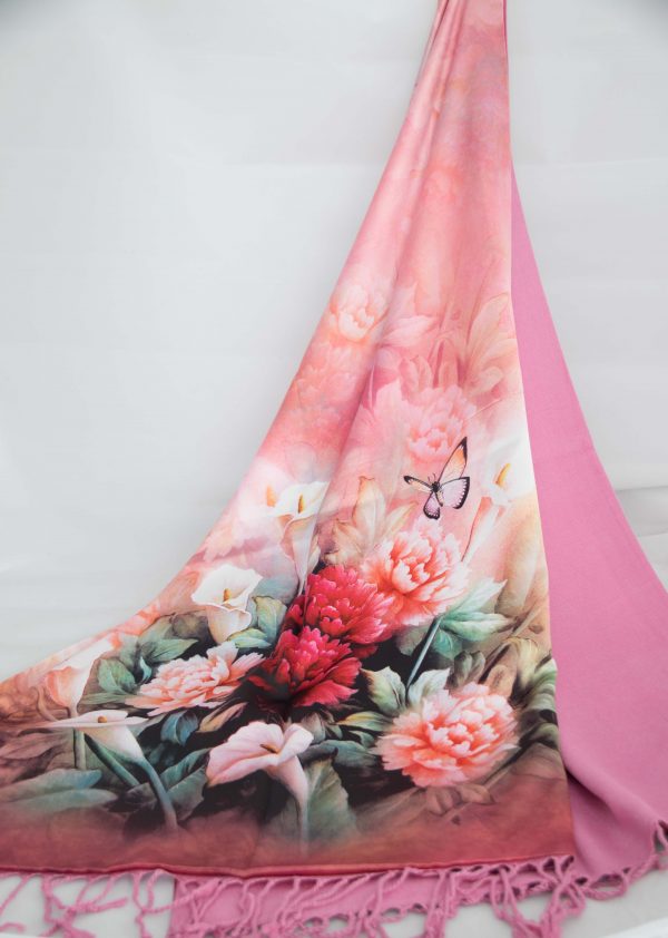 Roses on Silk and Pink Cashmere Scarf/Shawl