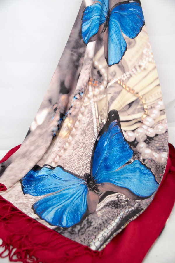 Butterfly on Silk and Red Cashmere Scarf/Shawl