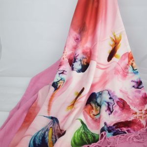 Flowers on Silk and Pink Cashmere Scarf/Shawl