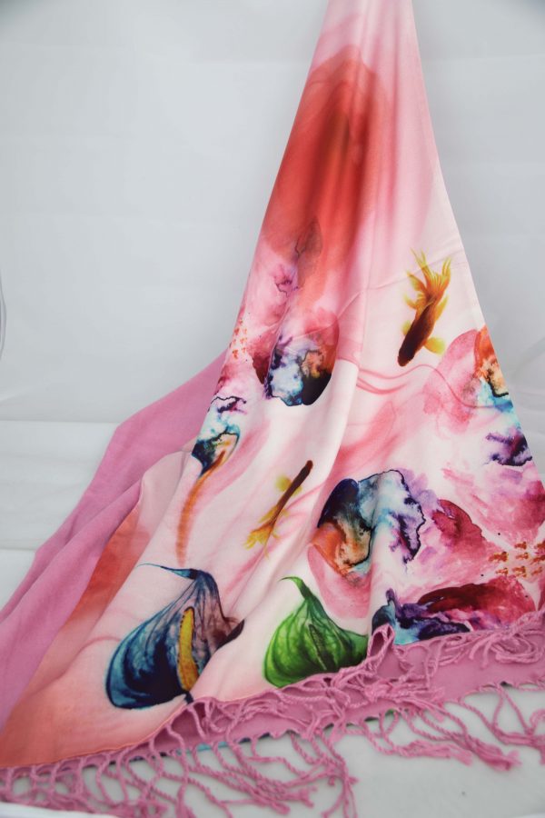 Flowers on Silk and Pink Cashmere Scarf/Shawl