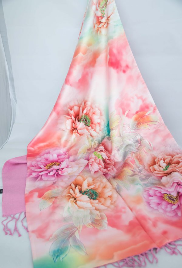 Pink Flowers on Silk and Cashmere Scarf/Shawl